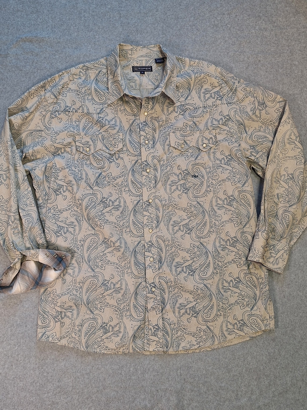 Roper Mens 2XL Western Beige Paisley Long-Sleeve Button-Down Pearl Snap Shirt